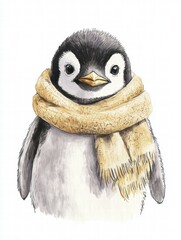 Poster - Cute illustrated penguin wearing a cozy yellow scarf, standing against a plain white background during winter. Generative AI