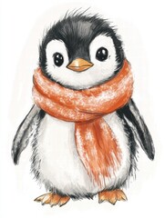 Poster - Cute illustrated penguin wearing an orange scarf in a snowy environment with a cheerful expression on a winter day. Generative AI