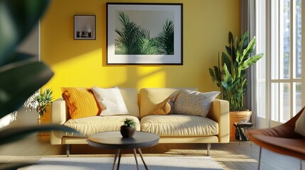 Wall Mural - A modern interior design mockup featuring an ISO A-sized frame against a living room backdrop in 3D rendering