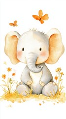 Aufkleber - Cute baby elephant surrounded by flowers and butterflies in a vibrant natural setting during a sunny day. Generative AI