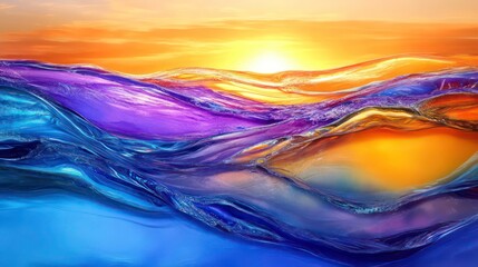 Wall Mural - sadness emotion healing concept. vibrant abstract waves in blue, purple, and orange with a warm suns