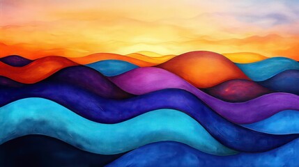 Wall Mural - sadness emotion healing concept. vibrant abstract waves in blue, purple, and orange with a warm suns