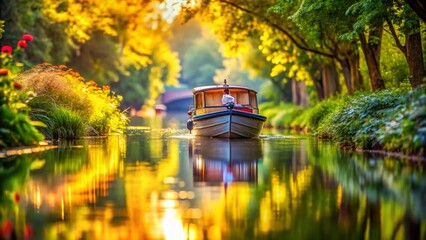 Wall Mural - Serene Canal Boat: Colorful Lush Vegetation Bokeh