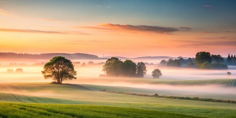 Wall Mural - Serene Dawn Mist: Minimalist Field Photography