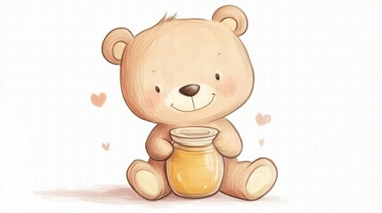 Fototapete - Cute bear character sitting with a jar of honey in a whimsical illustrated style filled with warmth and charm. Generative AI