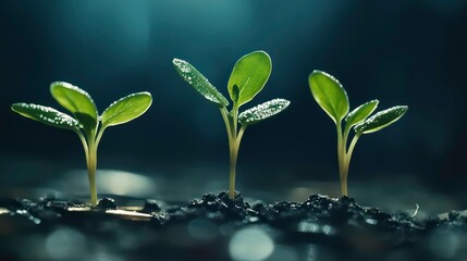 Wall Mural - three sprouts growing from coins on a digital background.