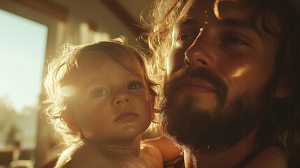 Father and baby sharing a tender moment in warm sunlight