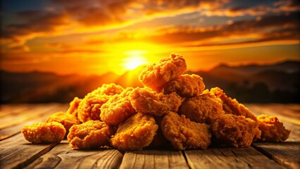 Wall Mural - Silhouetted Fried Chicken Nuggets at Sunset - Crispy, Golden, Delicious