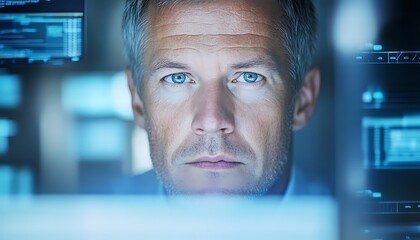 Focused Man Working on Computer Screen with Digital Data