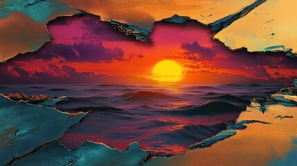 Wall Mural - vibrant sunset through torn canvas abstract art scene joyful atmosphere colorful environment artisti