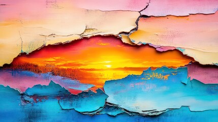 Wall Mural - vibrant sunset through torn canvas abstract art scene joyful atmosphere colorful environment artisti