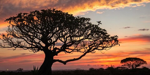 Wall Mural - Silhouette of Bodhi Tree at Sunset - Sacred Fig Tree in Nature