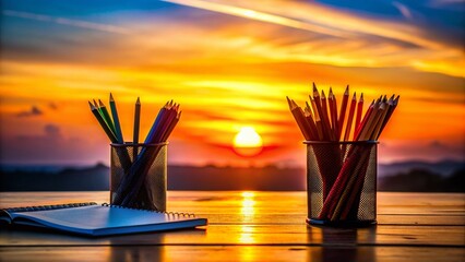 Wall Mural - Silhouette of Colorful Art Supplies on Desk - Pencils, Pens & Notebooks