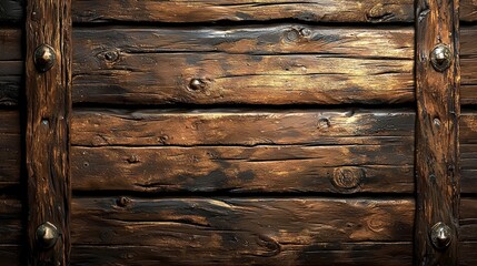 This rustic image displays rough wooden planks fastened together with metal, evoking a sense of sturdiness and historical craftsmanship in a textured presentation.