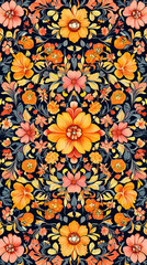 Wall Mural - The image is a vibrant floral pattern with a dark background