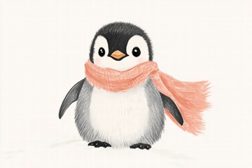 Poster - Cute illustrated penguin wearing a cozy orange scarf standing with a cheerful expression in a snowy setting. Generative AI