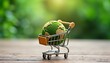 © Pete - Miniature shopping cart carries green globe sustainable consumption. Eco-friendly choices ensure healthier future. Green planet in cart represents mindful eco-conscious consumerism. Image evokes