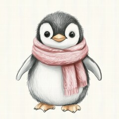 Poster - Cute penguin wearing a pink scarf and posing on a light background in a playful winter setting. Generative AI