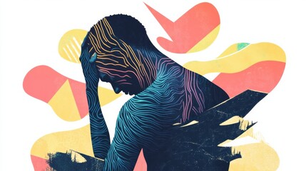 Aufkleber - Experiencing deep discomfort through abstract art with sharp shapes and vibrant waves surrounding a pained figure. Generative AI