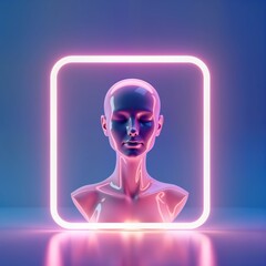 Futuristic mannequin head in neon glowing square frame. Elegant, stylish minimalist design. Fashionable, trendy. Modern, abstract. Pastel colors on violet blue background. Isolated, 3D rendered.