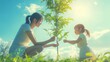 © mirifadapt - mother and daughter planting a tree together, in a lush green park under a bright blue sky