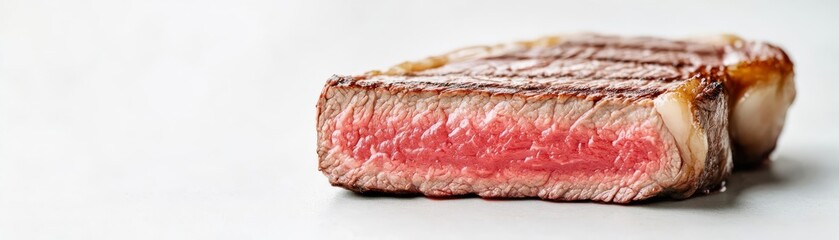 Wall Mural - A medium-rare ribeye steak slice, culinary detail, photorealistic macro photography, vibrant colors and marbled texture, isolated on white background