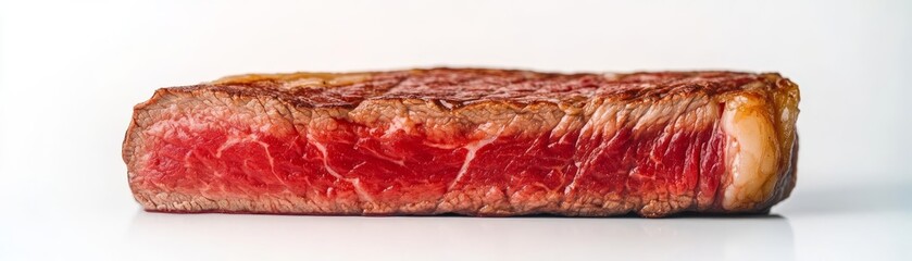 Wall Mural - A medium-rare ribeye steak slice, culinary detail, photorealistic macro photography, vibrant colors and marbled texture, isolated on white background