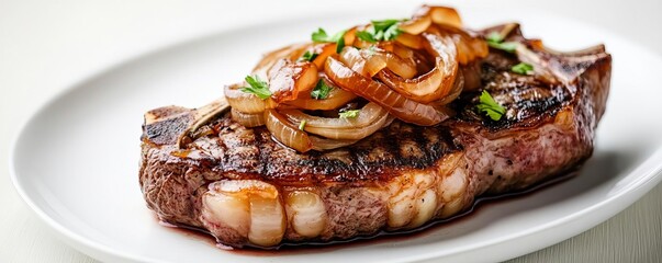 Wall Mural - A ribeye steak with caramelized onions, rich and sweet onion topping, isolated on white background