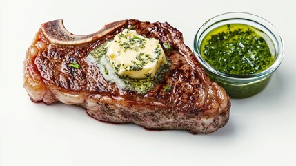 Wall Mural - A ribeye steak with compound butter, melting herbed butter on top of steak, gourmet detail, isolated on white background