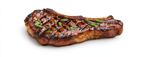 Wall Mural - A ribeye steak with soy glaze, Asian-inspired flavor profile, glossy soy-based coating, isolated on white background