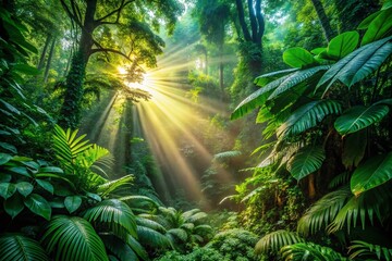 Wall Mural - Sunbeams Piercing Lush Jungle Canopy - Low Light Forest Photography