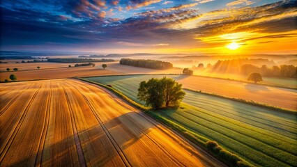 Sticker - Sunrise over Golden Grain Fields near Sztum, Poland - Scenic Dawn Landscape Photography