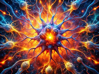 Wall Mural - Surreal 3D Render: Fiery Neural Network Explosion, Degenerating Neuron AI Art