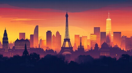 Poster - Iconic city landmarks silhouette against a vibrant sunset skyline showcasing cultural heritage and modern achievements. Generative AI
