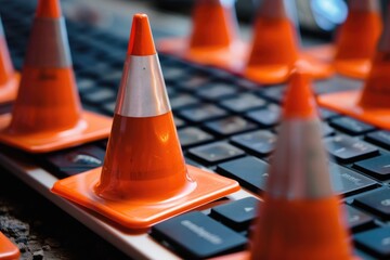 Computer system maintenance and repair concept with warning cones.