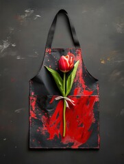 Tulip in Pocket of Black Apron with Red Paint Stains on Dark Background, Symbolizing Women's Day and Feminism, Artistic Composition Concept