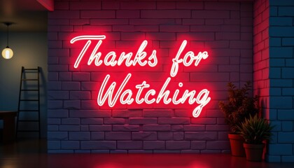 Neon sign glows red on brick wall at night. Message says Thanks for Watching. Urban design. Stylish retro sign. Grunge background. Modern aesthetic. Creative graphic design. Illuminating signage.