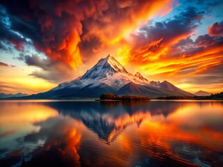 Wall Mural - Surreal Floating Mountain Above Fire and Water: Imaginative Landscape Stock Photo