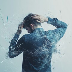 Aufkleber - Person expressing pain while surrounded by abstract geometric shapes and waves, conveying emotion and struggle in a creative manner. Generative AI