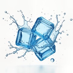 Aufkleber - Three-dimensional ice cubes splashing in dynamic way with clear blue water around. Cubes transparent, isolated against white background. Photo realistic representation of water, ice. Clean, fresh