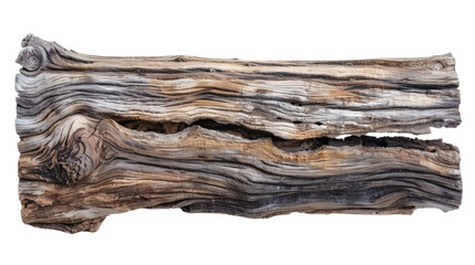 A textured slab of rustic natural wood, isolated on white background