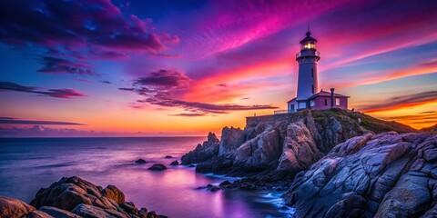 Wall Mural - Surreal Sunset Lighthouse: Pink & Purple Sky over Rocky Coast