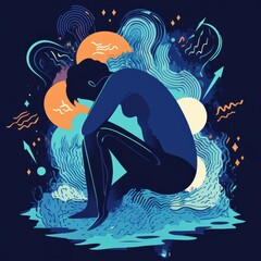 Leinwandbilder - Feeling pain in the back and head with abstract geometric shapes and waves surrounding the figure in a dark setting. Generative AI