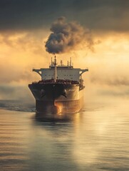 Poster - Massive oil tanker navigates calm ocean waters with smoke rising from chimneys during sunset. Generative AI