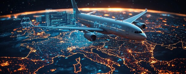 Wall Mural - Airplane flying above illuminated Earth with digital data overlays, futuristic concept