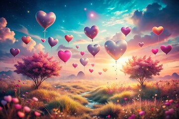 Wall Mural - Surreal Valentine's Day Hearts: Floating Love in Dreamy Landscape