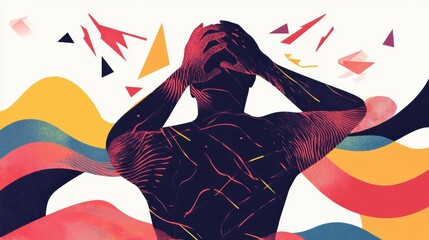 Aufkleber - Person expressing discomfort while surrounded by abstract waves and sharp shapes that symbolize pain in a colorful backdrop. Generative AI
