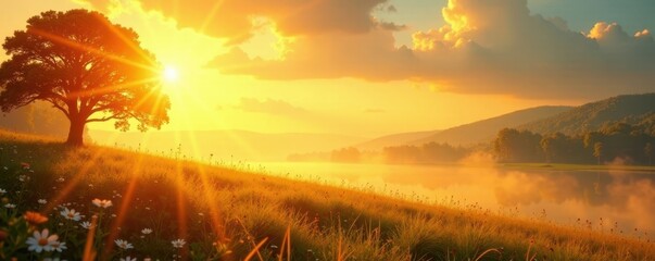 Wall Mural - Vibrant sunbeams illuminate abstract summer landscape Golden hues, hazy sky , graphic, view, photography