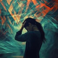 Aufkleber - Person experiencing emotional distress amid abstract waves and sharp shapes illustrating pain and hardship. Generative AI