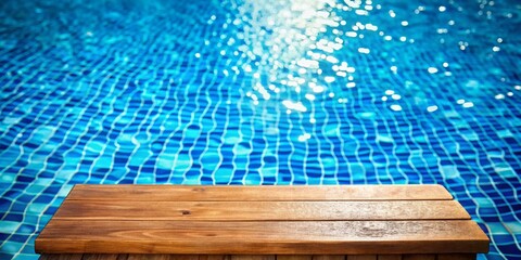 Wall Mural - Top View Swimming Pool, Wooden Board, Blue Mosaic Tiles, Water Ripples, Bokeh